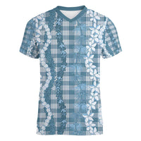 Hawaiian Ohia Lehua Lei Women V-Neck T-Shirt Plaid Palaka Uliuli Omaomao Pattern - Polynesian Pride
