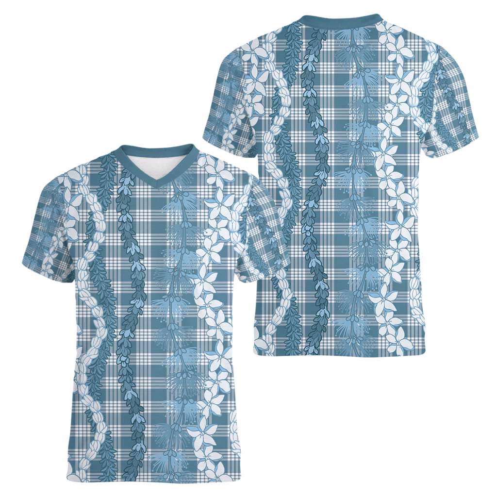 Hawaiian Ohia Lehua Lei Women V-Neck T-Shirt Plaid Palaka Uliuli Omaomao Pattern - Polynesian Pride