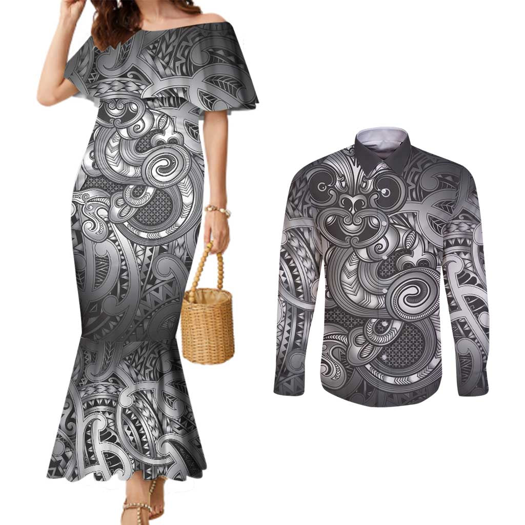 Aotearoa Maori Hei Tiki Couples Matching Mermaid Dress and Long Sleeve Button Shirt Kiwikiwi Kowhaiwhai Puhoro Motif LT9 Grey - Polynesian Pride