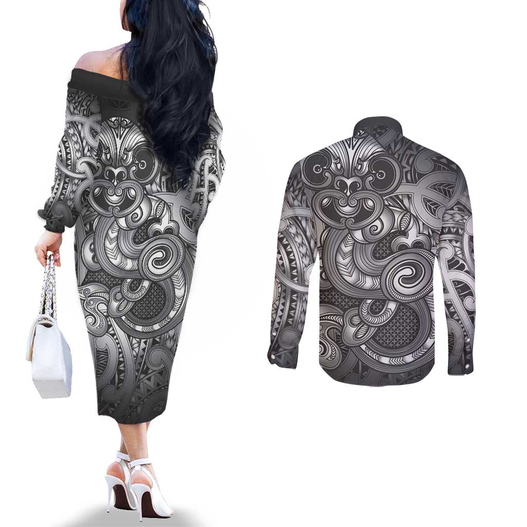 Aotearoa Maori Hei Tiki Couples Matching Off The Shoulder Long Sleeve Dress and Long Sleeve Button Shirt Kiwikiwi Kowhaiwhai Puhoro Motif LT9 - Polynesian Pride