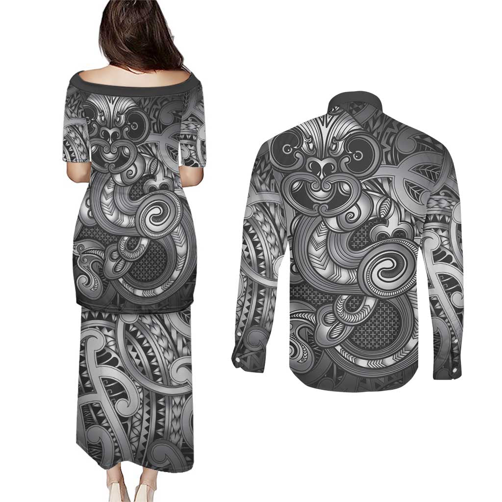 Aotearoa Maori Hei Tiki Couples Matching Puletasi and Long Sleeve Button Shirt Kiwikiwi Kowhaiwhai Puhoro Motif