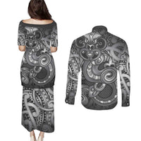 Aotearoa Maori Hei Tiki Couples Matching Puletasi and Long Sleeve Button Shirt Kiwikiwi Kowhaiwhai Puhoro Motif