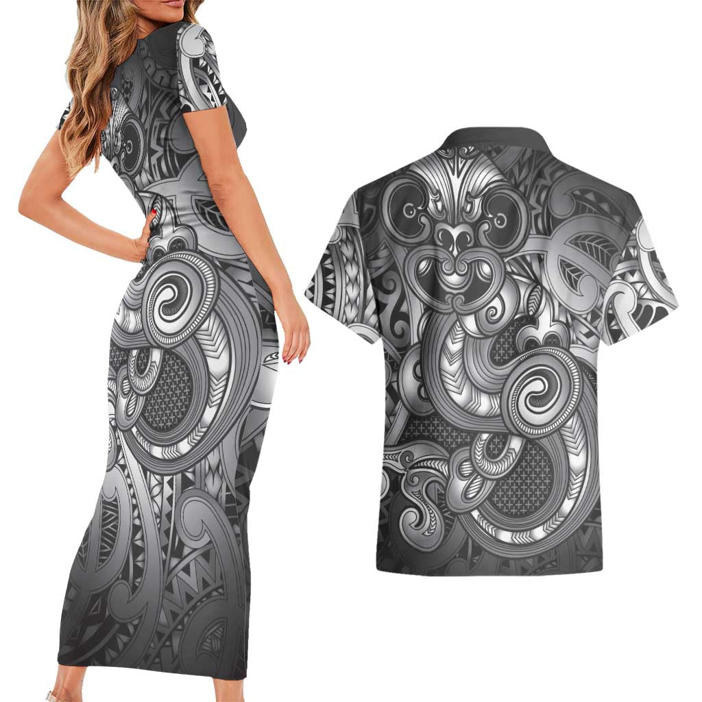 Aotearoa Maori Hei Tiki Couples Matching Short Sleeve Bodycon Dress and Hawaiian Shirt Kiwikiwi Kowhaiwhai Puhoro Motif LT9 - Polynesian Pride