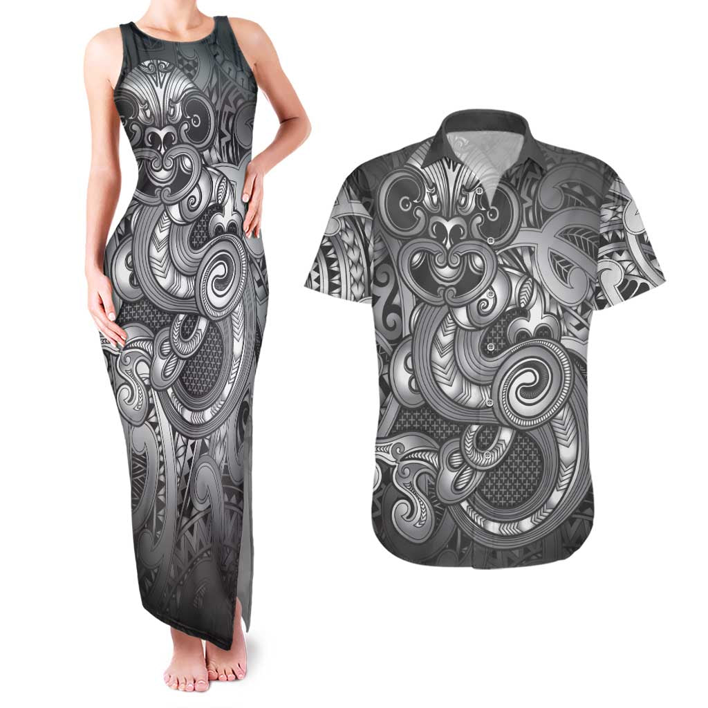 Aotearoa Maori Hei Tiki Couples Matching Tank Maxi Dress and Hawaiian Shirt Kiwikiwi Kowhaiwhai Puhoro Motif LT9 Grey - Polynesian Pride