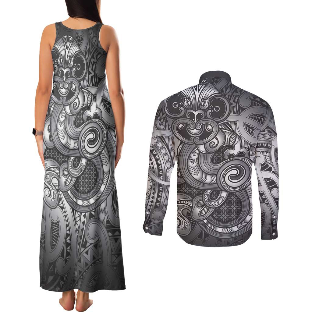 Aotearoa Maori Hei Tiki Couples Matching Tank Maxi Dress and Long Sleeve Button Shirt Kiwikiwi Kowhaiwhai Puhoro Motif