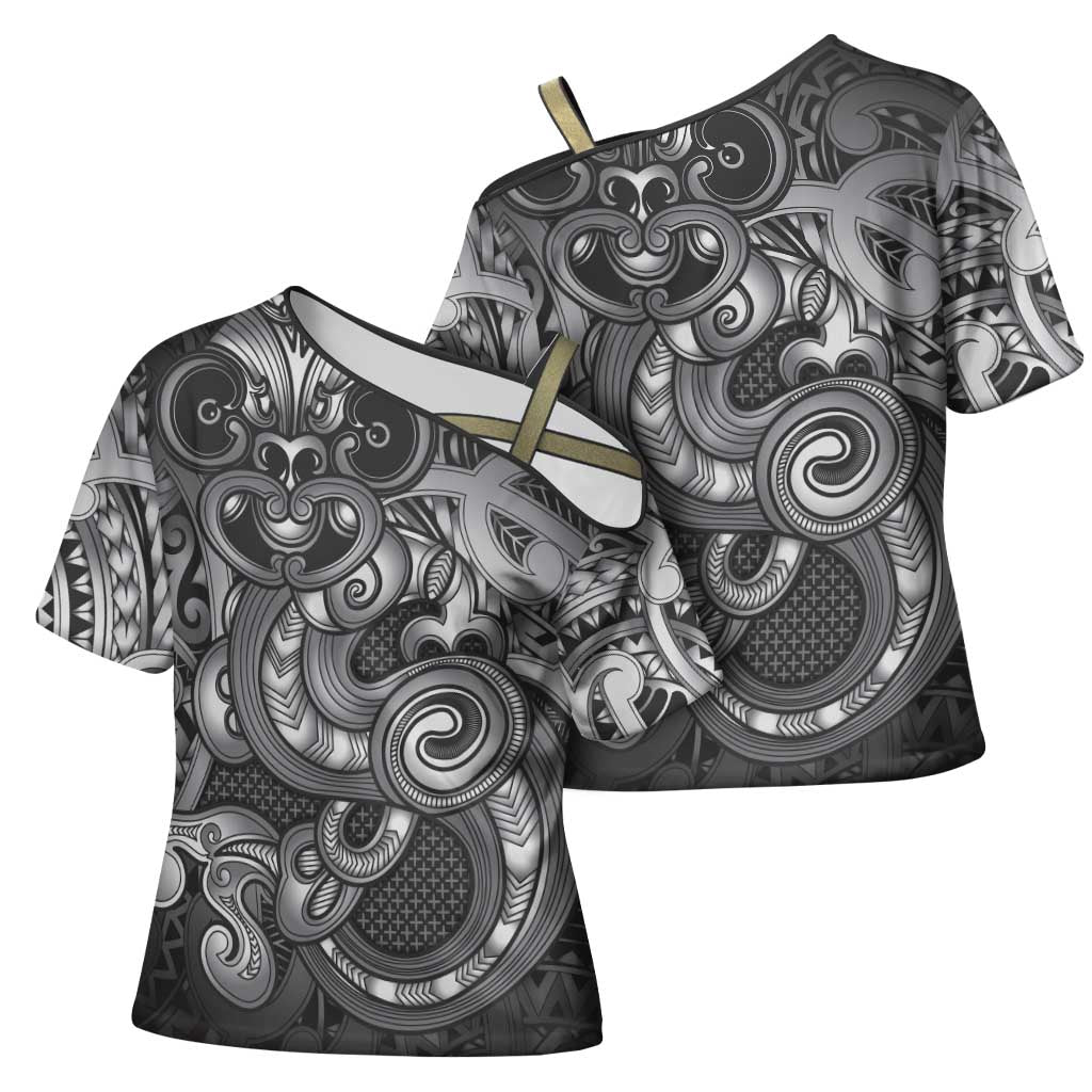 Aotearoa Maori Hei Tiki Cross Shoulder Shirt Kiwikiwi Kowhaiwhai Puhoro Motif LT9 - Polynesian Pride