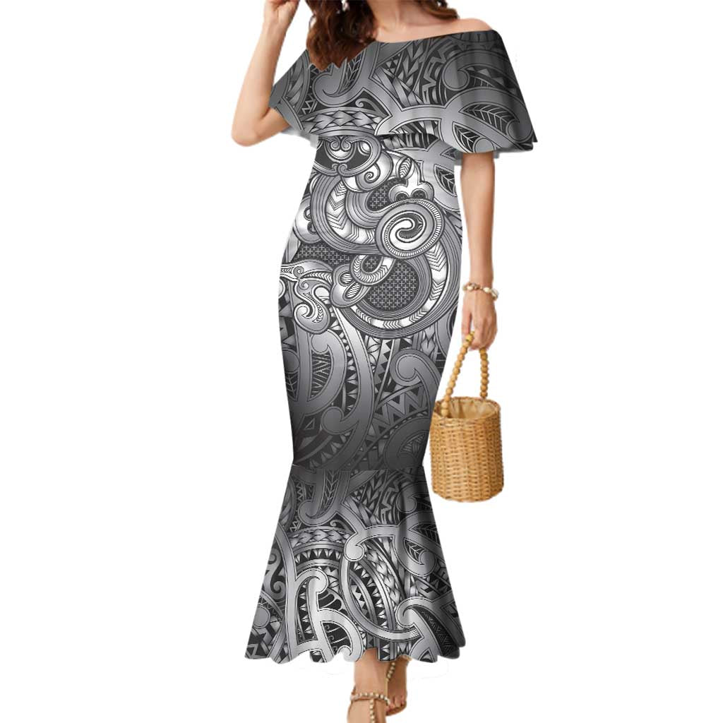 Aotearoa Maori Hei Tiki Family Matching Mermaid Dress and Hawaiian Shirt Kiwikiwi Kowhaiwhai Puhoro Motif LT9 Mom's Dress Grey - Polynesian Pride