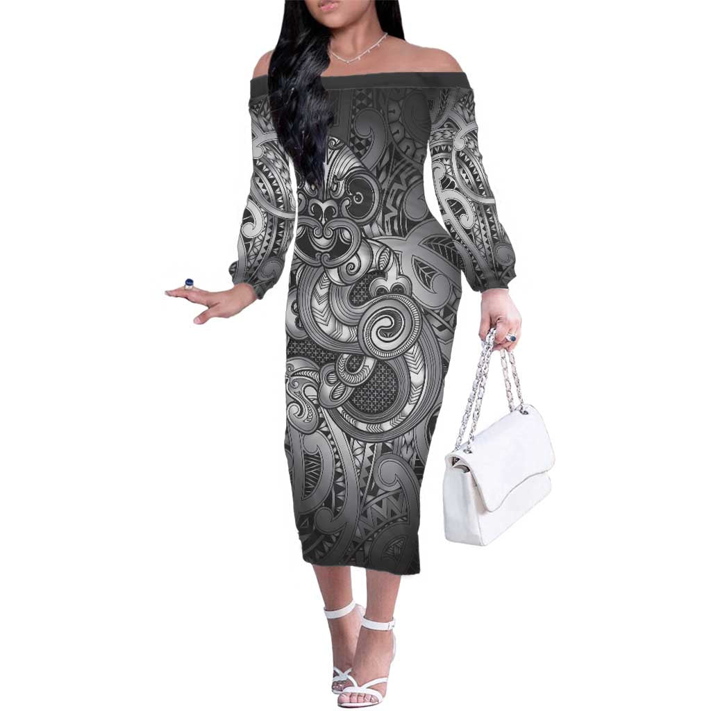 Aotearoa Maori Hei Tiki Family Matching Off The Shoulder Long Sleeve Dress and Hawaiian Shirt Kiwikiwi Kowhaiwhai Puhoro Motif LT9 Mom's Dress Grey - Polynesian Pride