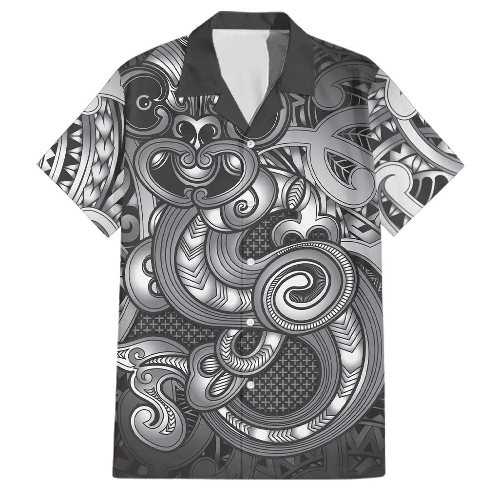 Aotearoa Maori Hei Tiki Family Matching Off Shoulder Maxi Dress and Hawaiian Shirt Kiwikiwi Kowhaiwhai Puhoro Motif LT9 Dad's Shirt - Short Sleeve Grey - Polynesian Pride