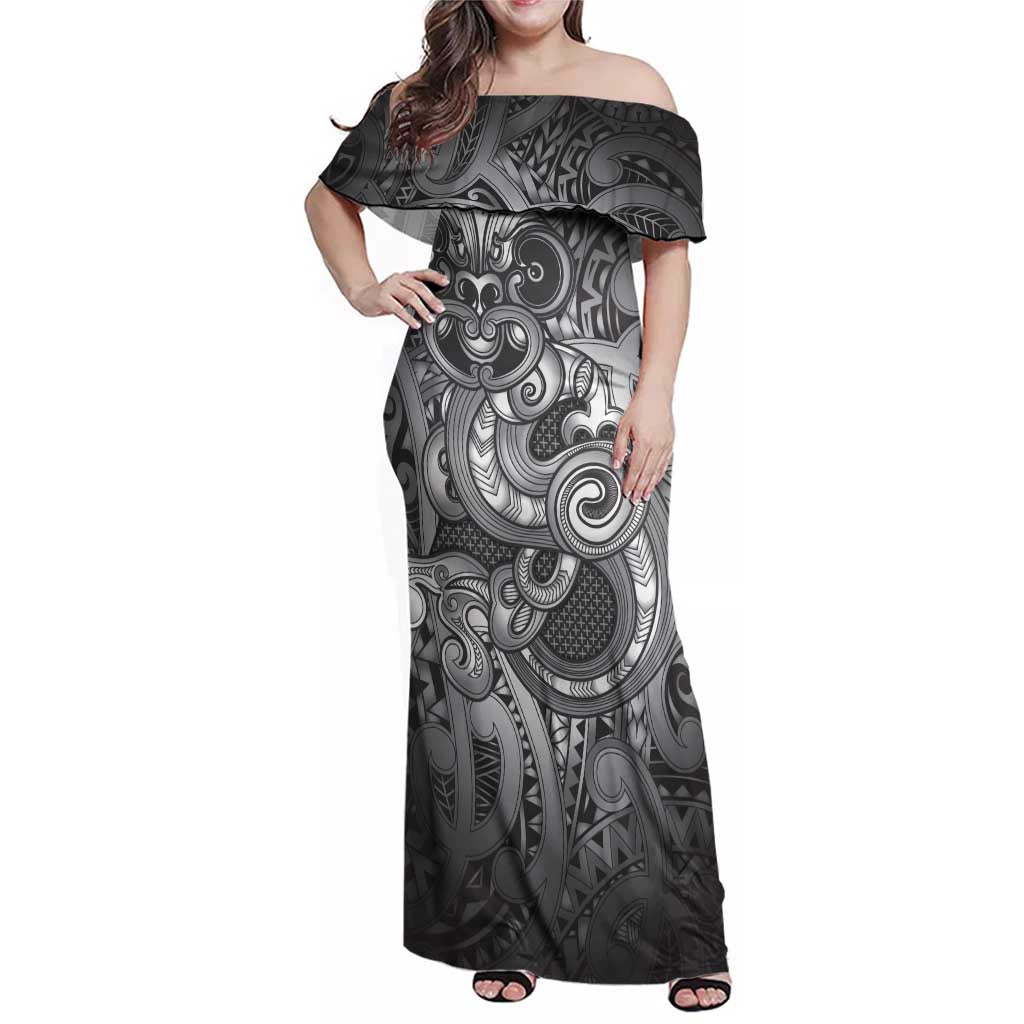 Aotearoa Maori Hei Tiki Family Matching Off Shoulder Maxi Dress and Hawaiian Shirt Kiwikiwi Kowhaiwhai Puhoro Motif LT9 Mom's Dress Grey - Polynesian Pride