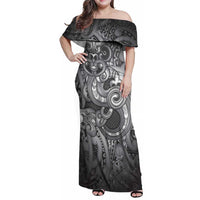 Aotearoa Maori Hei Tiki Family Matching Off Shoulder Maxi Dress and Hawaiian Shirt Kiwikiwi Kowhaiwhai Puhoro Motif LT9 Mom's Dress Grey - Polynesian Pride