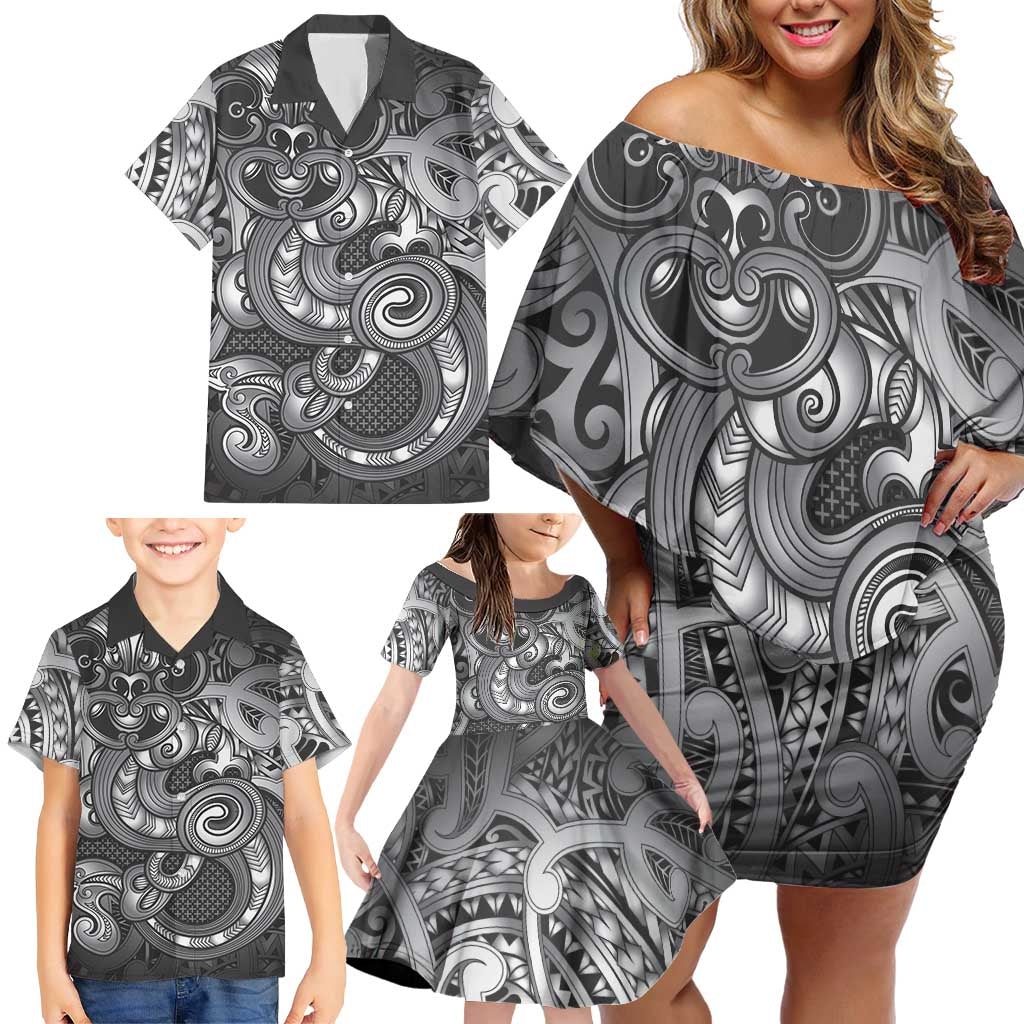 Aotearoa Maori Hei Tiki Family Matching Off Shoulder Short Dress and Hawaiian Shirt Kiwikiwi Kowhaiwhai Puhoro Motif LT9 - Polynesian Pride