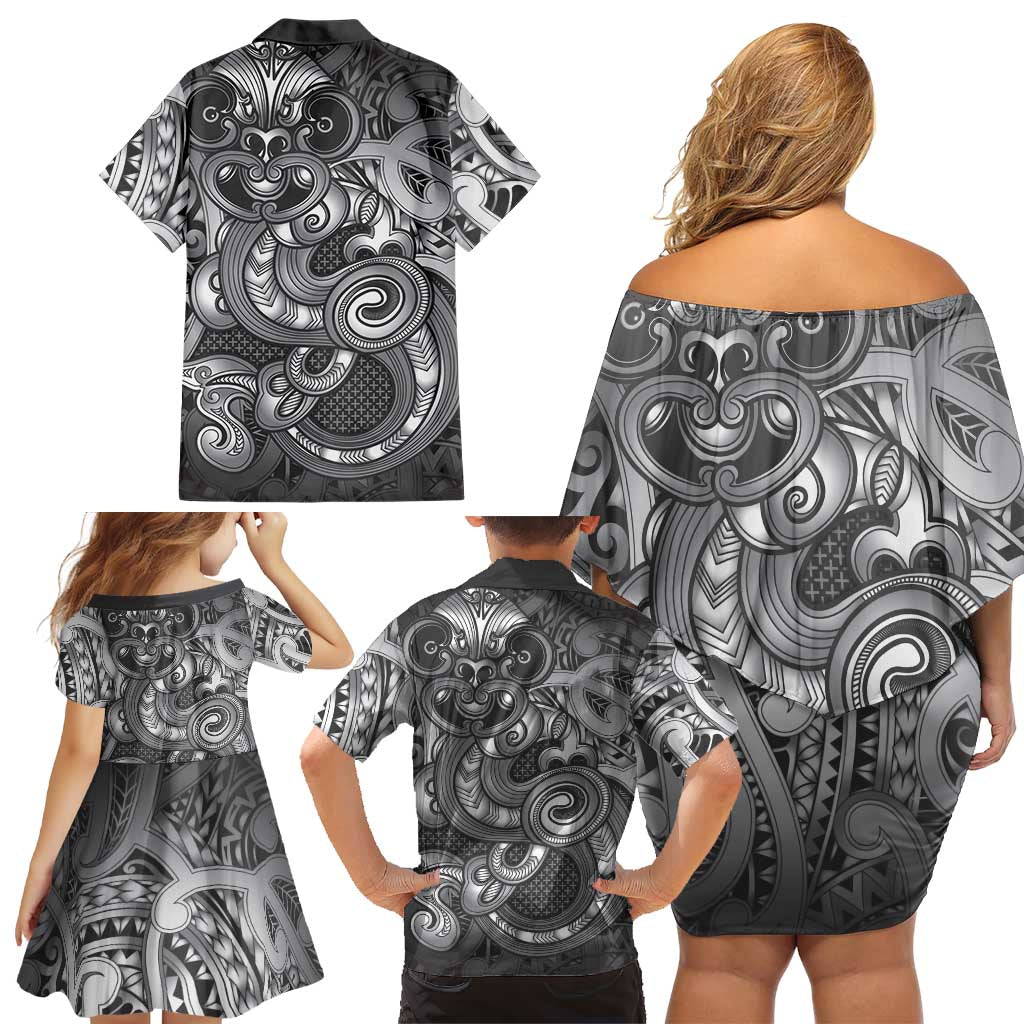 Aotearoa Maori Hei Tiki Family Matching Off Shoulder Short Dress and Hawaiian Shirt Kiwikiwi Kowhaiwhai Puhoro Motif LT9 - Polynesian Pride