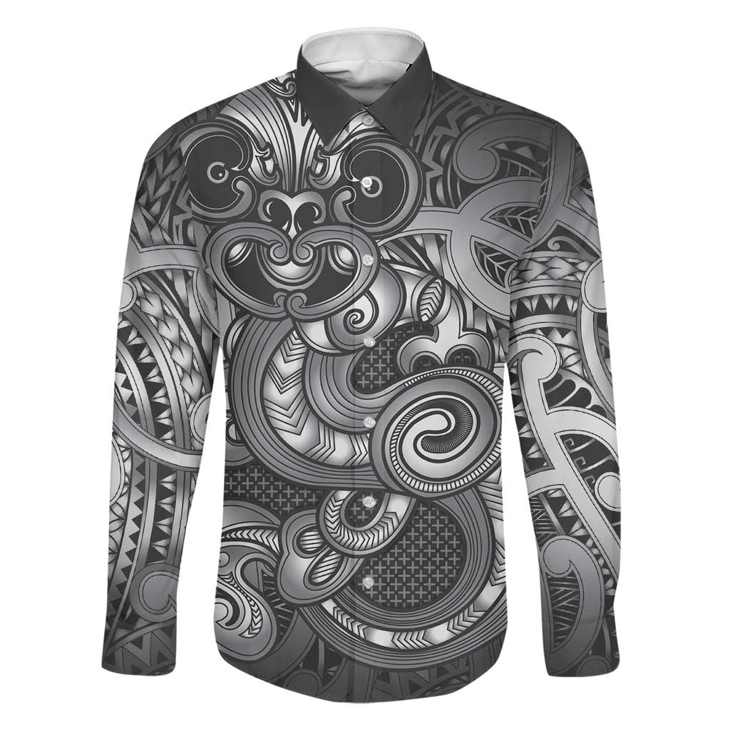 Aotearoa Maori Hei Tiki Family Matching Summer Maxi Dress and Hawaiian Shirt Kiwikiwi Kowhaiwhai Puhoro Motif LT9 Dad's Shirt - Long Sleeve Grey - Polynesian Pride