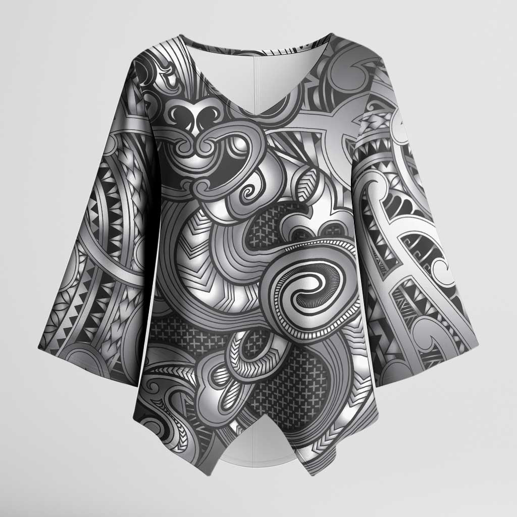 Aotearoa Maori Hei Tiki Kimono Sleeve Blouse Kiwikiwi Kowhaiwhai Puhoro Motif