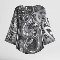 Aotearoa Maori Hei Tiki Kimono Sleeve Blouse Kiwikiwi Kowhaiwhai Puhoro Motif