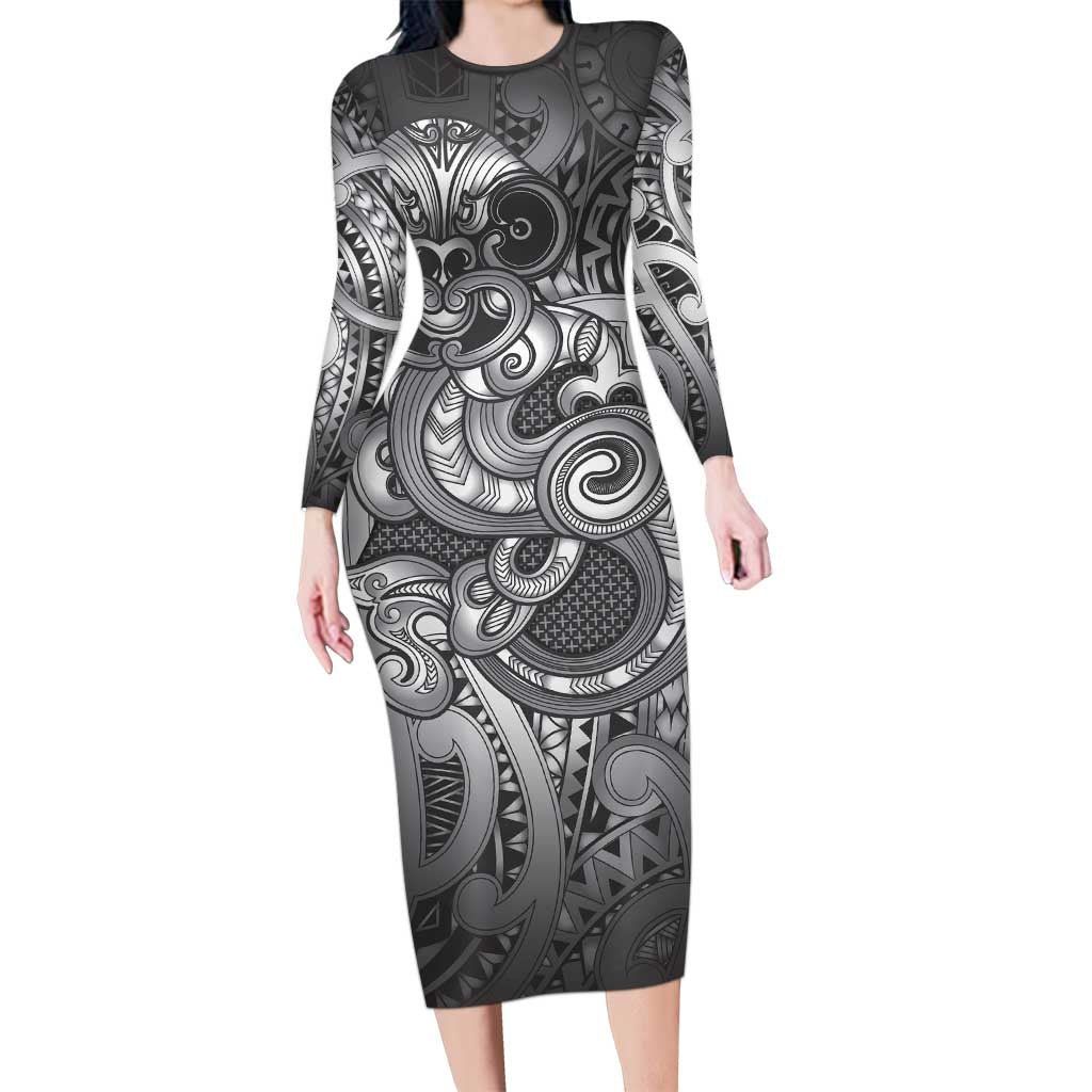 Aotearoa Maori Hei Tiki Long Sleeve Bodycon Dress Kiwikiwi Kowhaiwhai Puhoro Motif