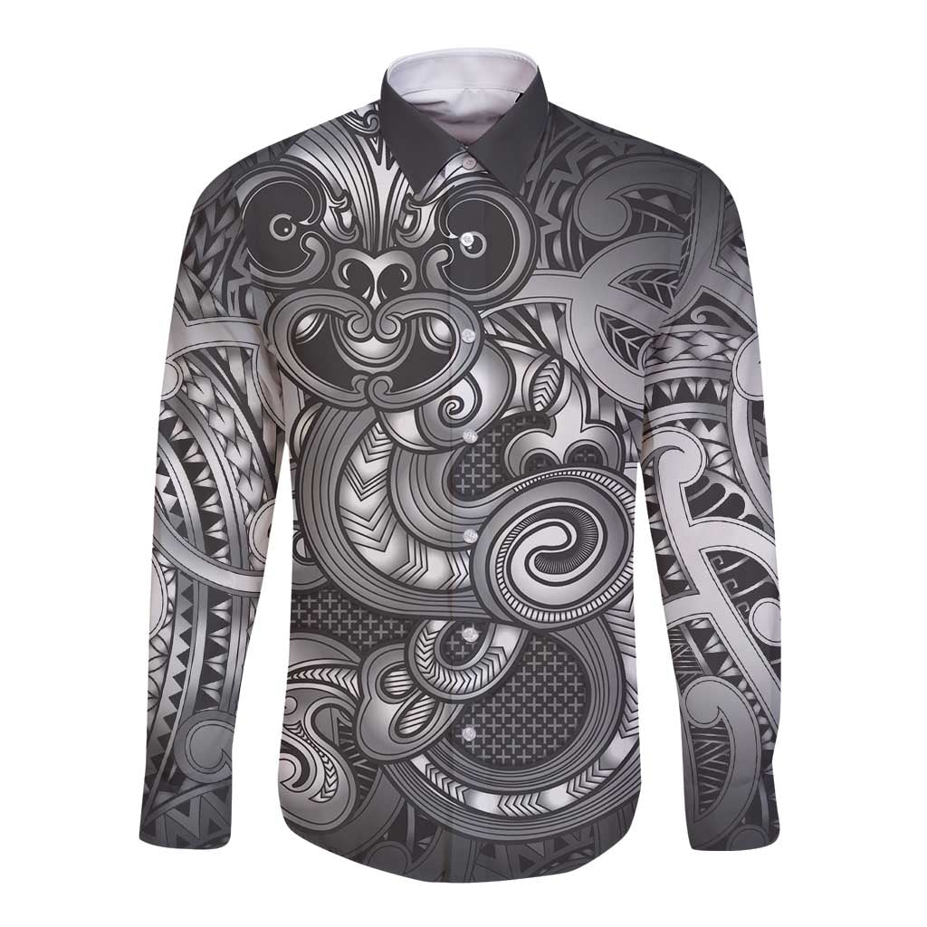 Aotearoa Maori Hei Tiki Long Sleeve Button Shirt Kiwikiwi Kowhaiwhai Puhoro Motif LT9 Unisex Grey - Polynesian Pride