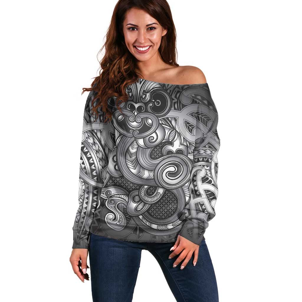 Aotearoa Maori Hei Tiki Off Shoulder Sweater Kiwikiwi Kowhaiwhai Puhoro Motif LT9 Women Grey - Polynesian Pride
