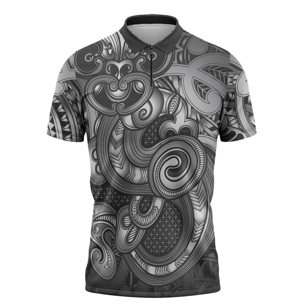 Aotearoa Maori Hei Tiki Zipper Polo Shirt Kiwikiwi Kowhaiwhai Puhoro Motif