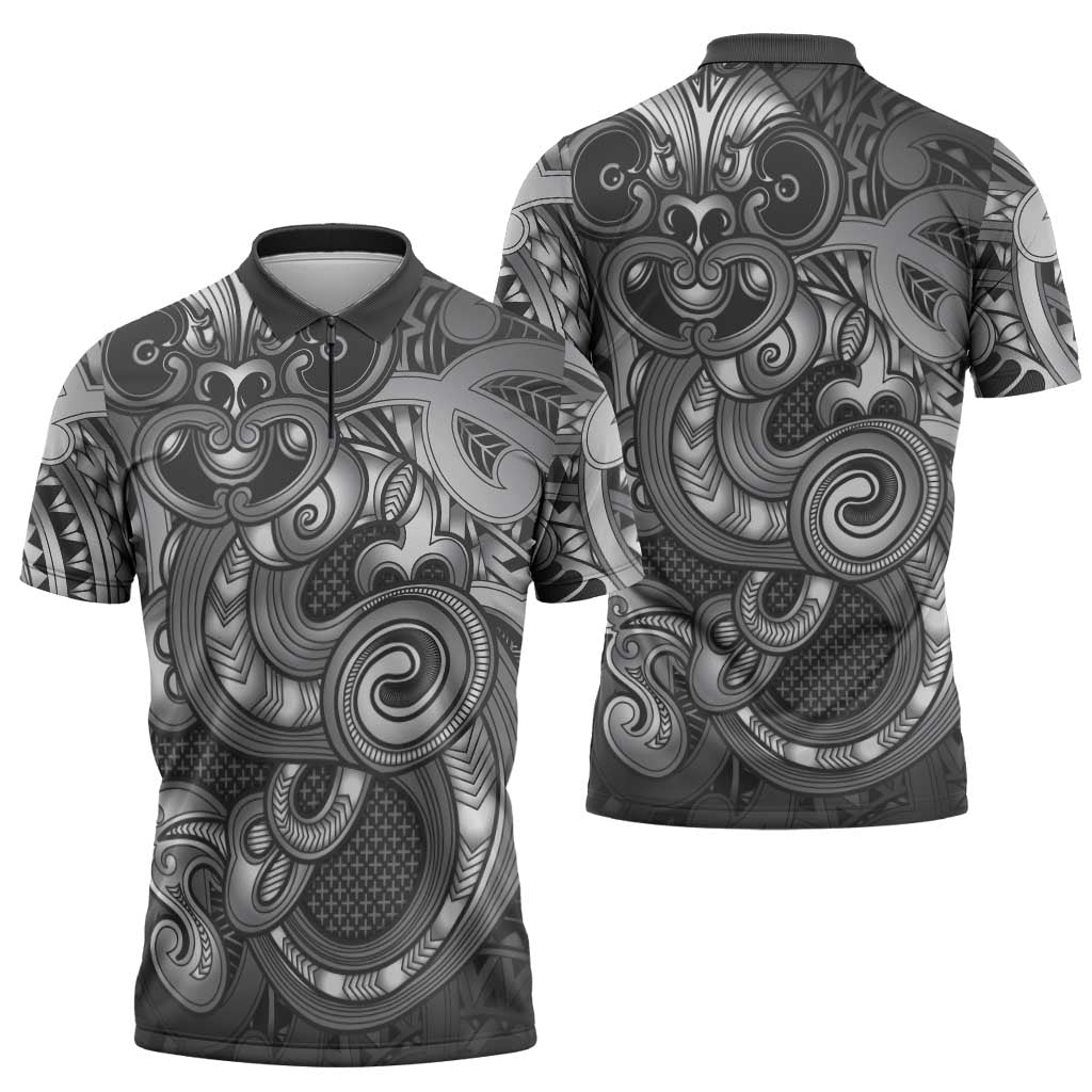 Aotearoa Maori Hei Tiki Zipper Polo Shirt Kiwikiwi Kowhaiwhai Puhoro Motif