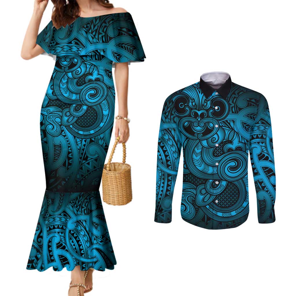 Aotearoa Maori Hei Tiki Couples Matching Mermaid Dress and Long Sleeve Button Shirt Kikorangi Kowhaiwhai Puhoro Motif LT9 Blue - Polynesian Pride