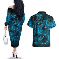 Aotearoa Maori Hei Tiki Couples Matching Off The Shoulder Long Sleeve Dress and Hawaiian Shirt Kikorangi Kowhaiwhai Puhoro Motif LT9 - Polynesian Pride