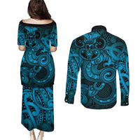 Aotearoa Maori Hei Tiki Couples Matching Puletasi and Long Sleeve Button Shirt Kikorangi Kowhaiwhai Puhoro Motif