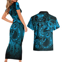 Aotearoa Maori Hei Tiki Couples Matching Short Sleeve Bodycon Dress and Hawaiian Shirt Kikorangi Kowhaiwhai Puhoro Motif LT9 - Polynesian Pride