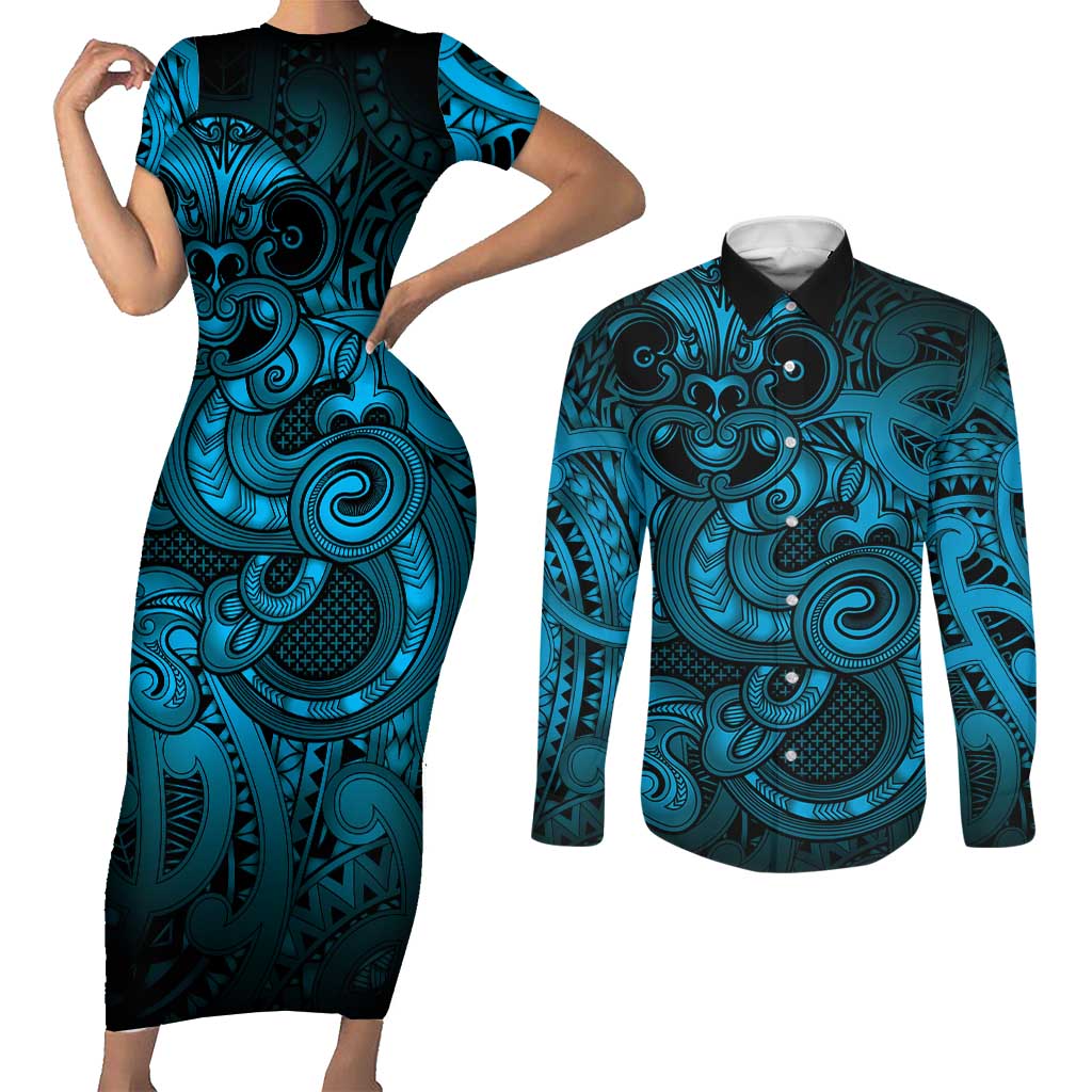 Aotearoa Maori Hei Tiki Couples Matching Short Sleeve Bodycon Dress and Long Sleeve Button Shirt Kikorangi Kowhaiwhai Puhoro Motif LT9 Blue - Polynesian Pride