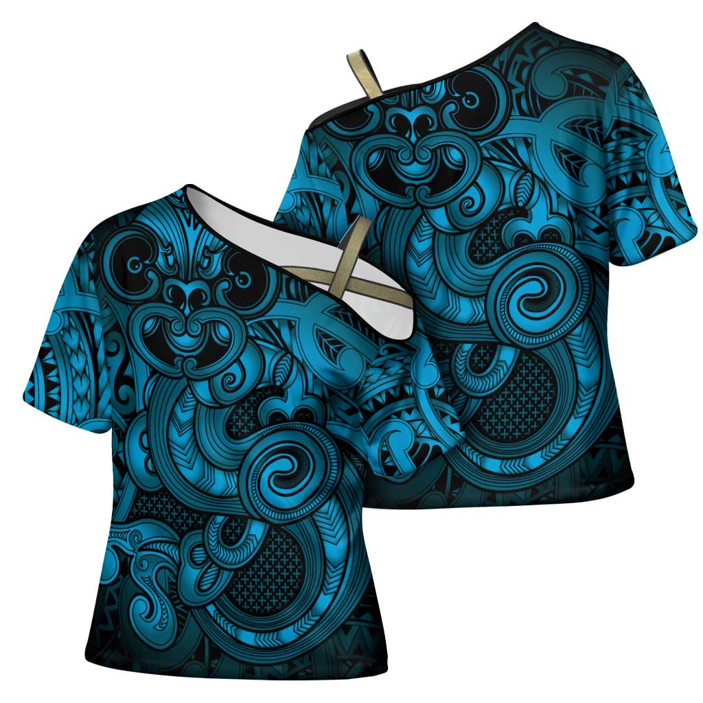 Aotearoa Maori Hei Tiki Cross Shoulder Shirt Kikorangi Kowhaiwhai Puhoro Motif LT9 - Polynesian Pride