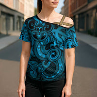 Aotearoa Maori Hei Tiki Cross Shoulder Shirt Kikorangi Kowhaiwhai Puhoro Motif LT9 - Polynesian Pride