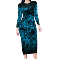 Aotearoa Maori Hei Tiki Family Matching Long Sleeve Bodycon Dress and Hawaiian Shirt Kikorangi Kowhaiwhai Puhoro Motif LT9 Mom's Dress Blue - Polynesian Pride