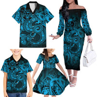 Aotearoa Maori Hei Tiki Family Matching Off The Shoulder Long Sleeve Dress and Hawaiian Shirt Kikorangi Kowhaiwhai Puhoro Motif LT9 - Polynesian Pride