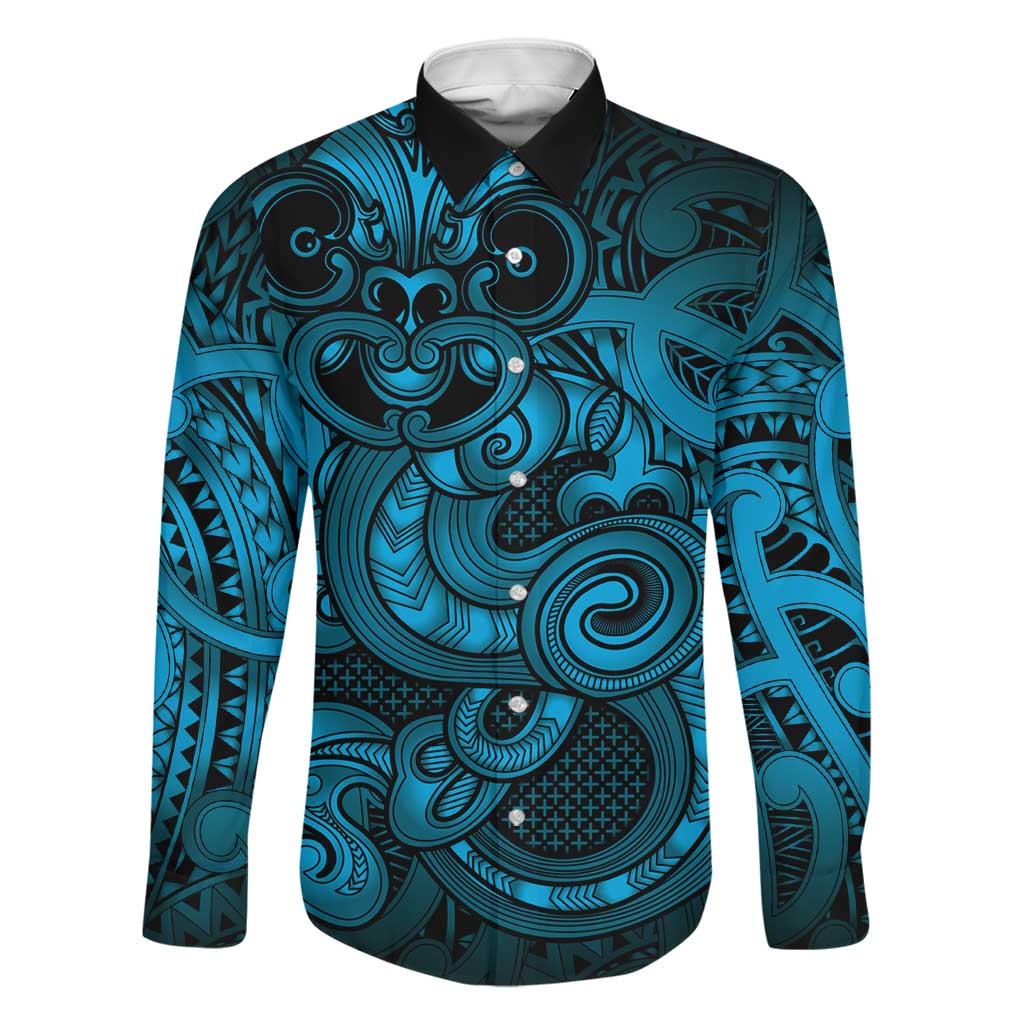 Aotearoa Maori Hei Tiki Family Matching Off The Shoulder Long Sleeve Dress and Hawaiian Shirt Kikorangi Kowhaiwhai Puhoro Motif LT9 Dad's Shirt - Long Sleeve Blue - Polynesian Pride