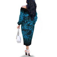 Aotearoa Maori Hei Tiki Family Matching Off The Shoulder Long Sleeve Dress and Hawaiian Shirt Kikorangi Kowhaiwhai Puhoro Motif LT9 - Polynesian Pride