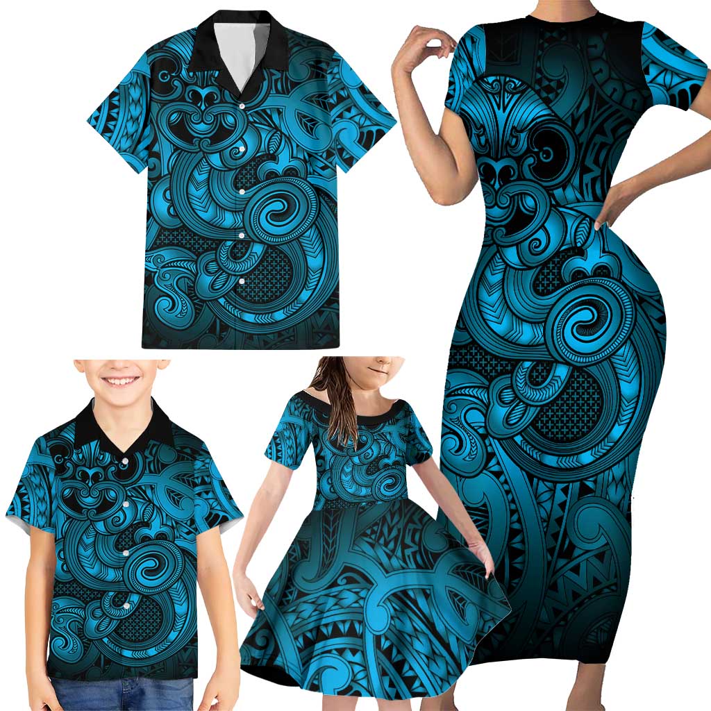Aotearoa Maori Hei Tiki Family Matching Short Sleeve Bodycon Dress and Hawaiian Shirt Kikorangi Kowhaiwhai Puhoro Motif