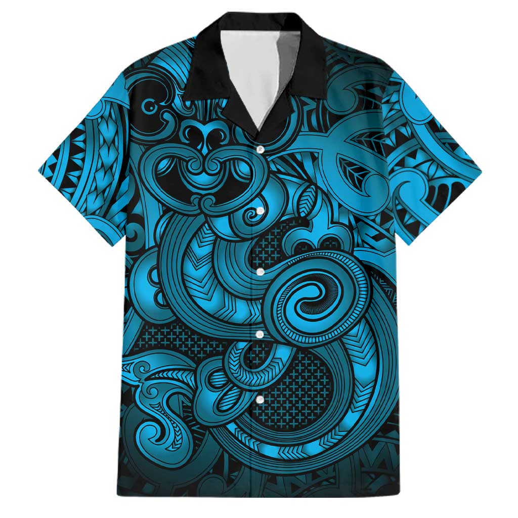 Aotearoa Maori Hei Tiki Family Matching Short Sleeve Bodycon Dress and Hawaiian Shirt Kikorangi Kowhaiwhai Puhoro Motif LT9 Dad's Shirt - Short Sleeve Blue - Polynesian Pride