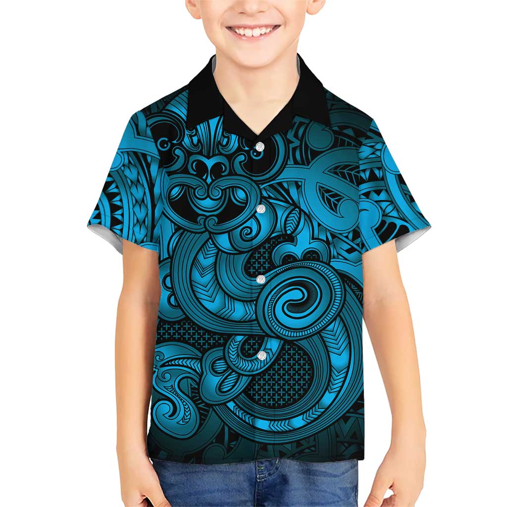 Aotearoa Maori Hei Tiki Family Matching Summer Maxi Dress and Hawaiian Shirt Kikorangi Kowhaiwhai Puhoro Motif LT9 Son's Shirt Blue - Polynesian Pride