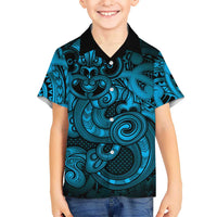 Aotearoa Maori Hei Tiki Family Matching Summer Maxi Dress and Hawaiian Shirt Kikorangi Kowhaiwhai Puhoro Motif LT9 Son's Shirt Blue - Polynesian Pride