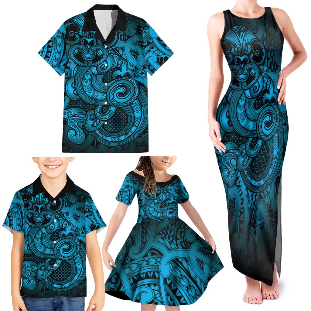 Aotearoa Maori Hei Tiki Family Matching Tank Maxi Dress and Hawaiian Shirt Kikorangi Kowhaiwhai Puhoro Motif LT9 - Polynesian Pride