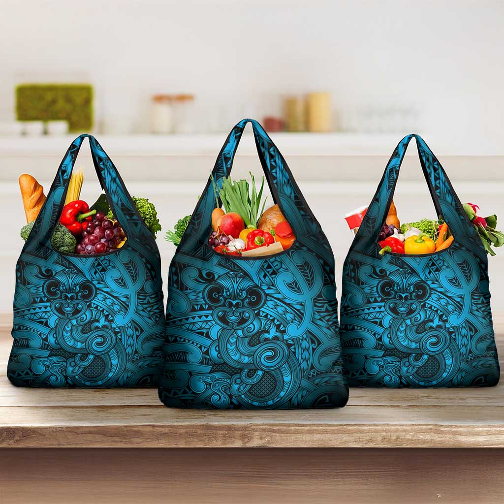 Aotearoa Maori Hei Tiki Grocery Bag Kikorangi Kowhaiwhai Puhoro Motif LT9 3-pack One Size Blue - Polynesian Pride