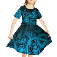 Aotearoa Maori Hei Tiki Kid Short Sleeve Dress Kikorangi Kowhaiwhai Puhoro Motif