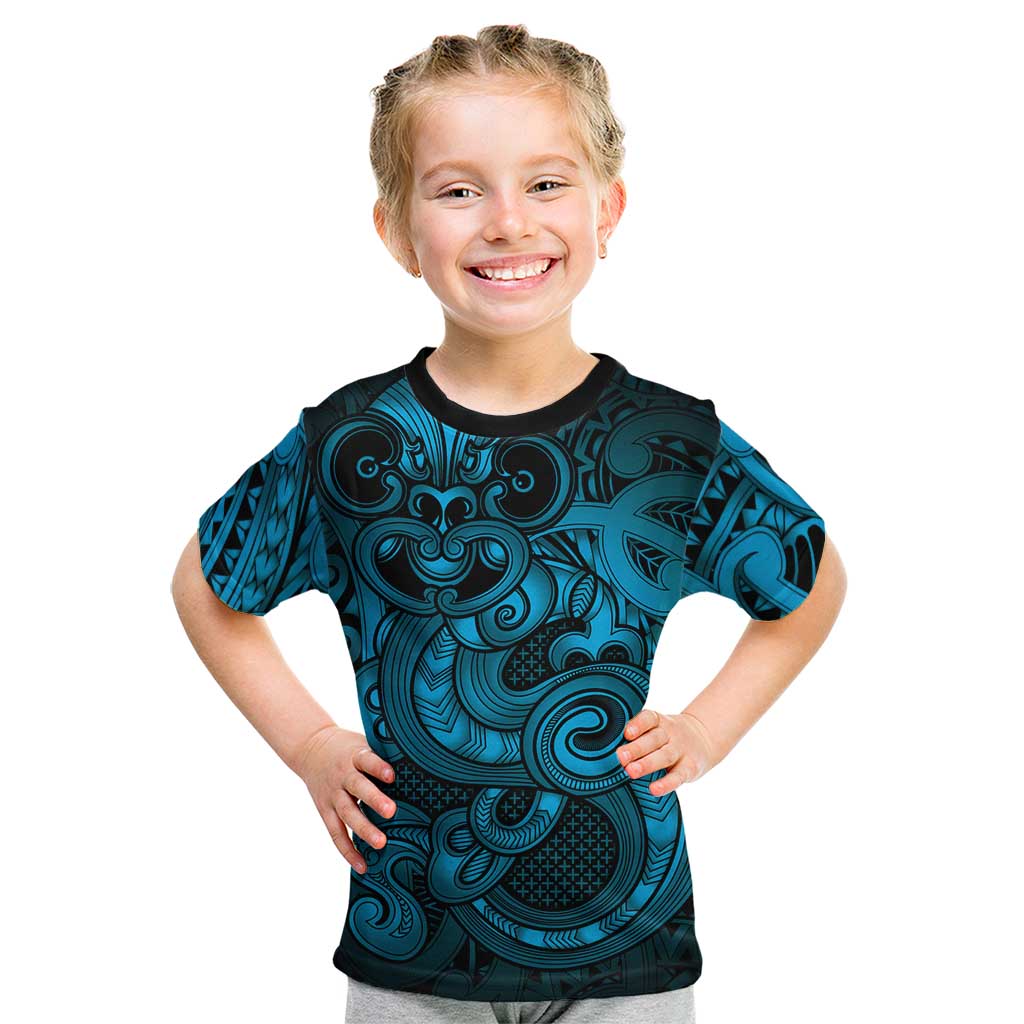 Aotearoa Maori Hei Tiki Kid T Shirt Kikorangi Kowhaiwhai Puhoro Motif LT9 Blue - Polynesian Pride