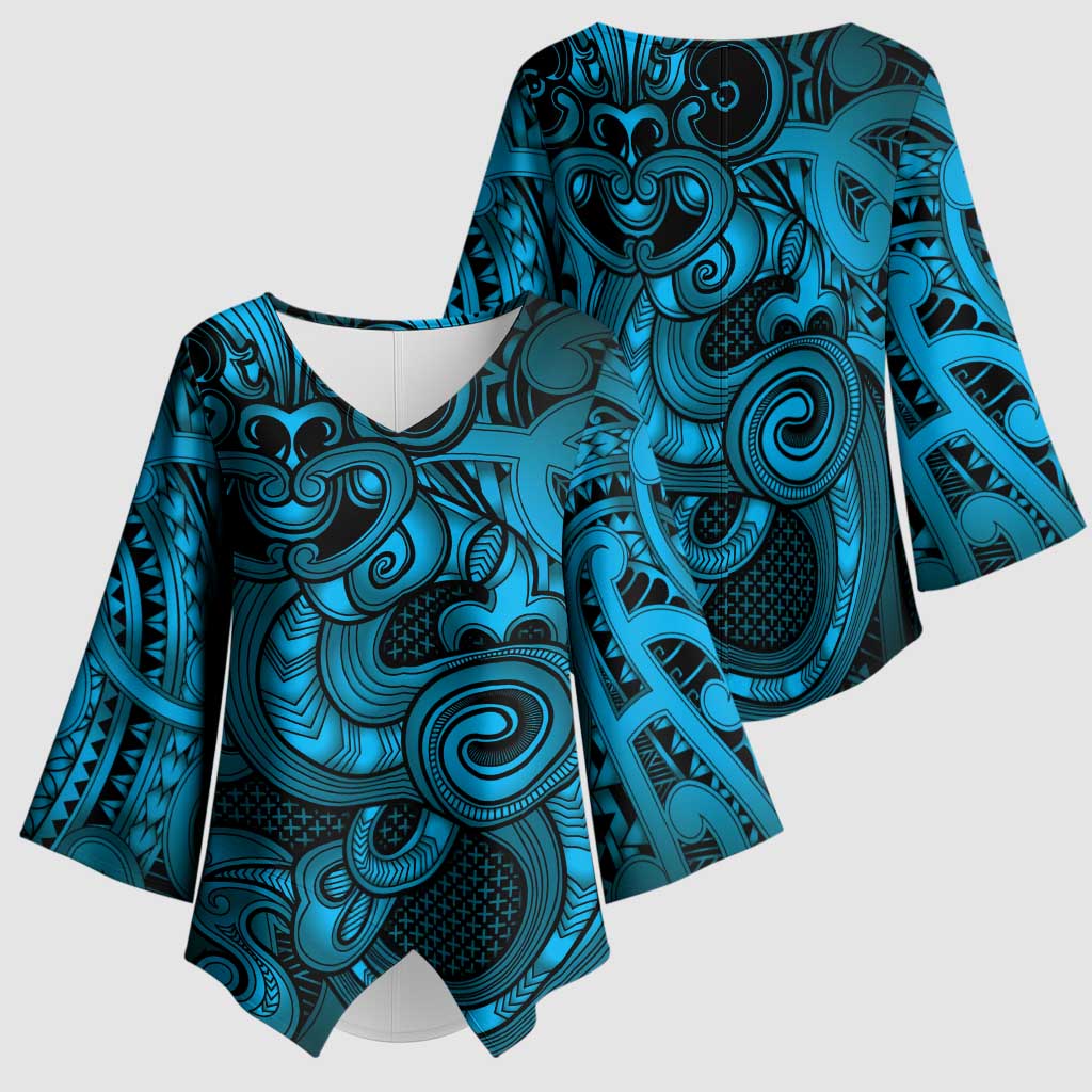 Aotearoa Maori Hei Tiki Kimono Sleeve Blouse Kikorangi Kowhaiwhai Puhoro Motif