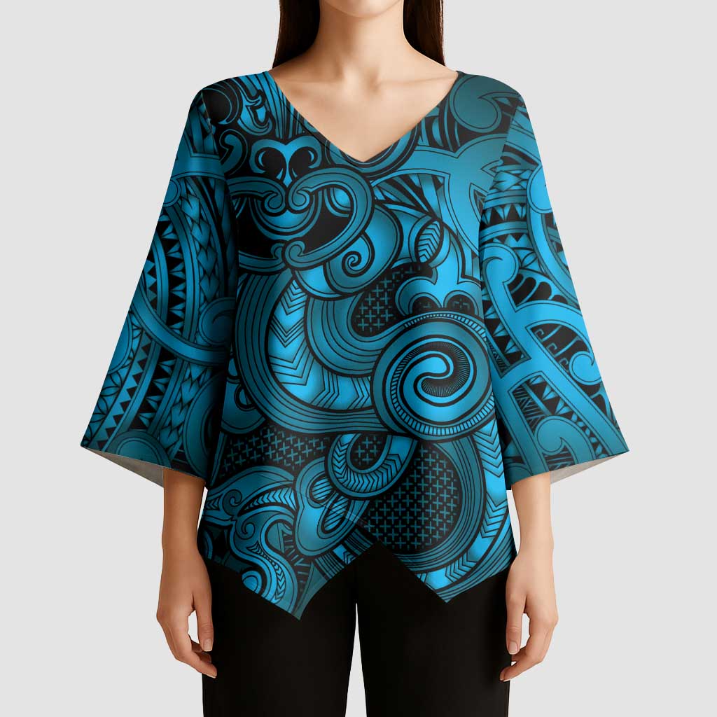 Aotearoa Maori Hei Tiki Kimono Sleeve Blouse Kikorangi Kowhaiwhai Puhoro Motif