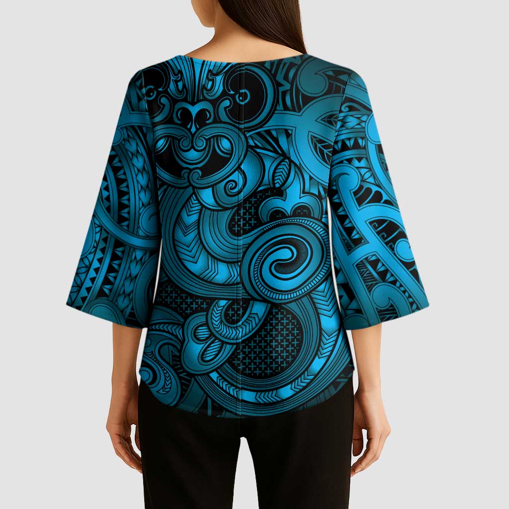 Aotearoa Maori Hei Tiki Kimono Sleeve Blouse Kikorangi Kowhaiwhai Puhoro Motif