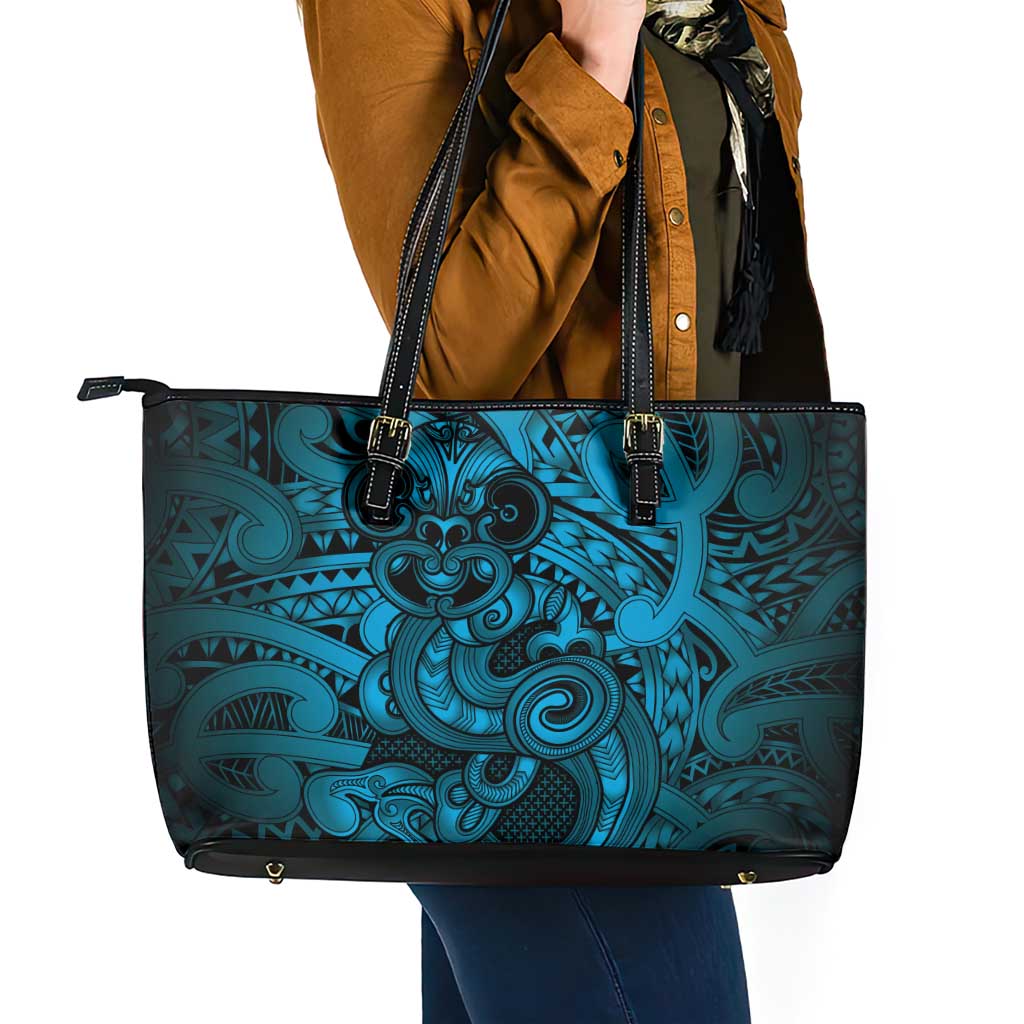 Aotearoa Maori Hei Tiki Leather Tote Bag Kikorangi Kowhaiwhai Puhoro Motif LT9 - Polynesian Pride