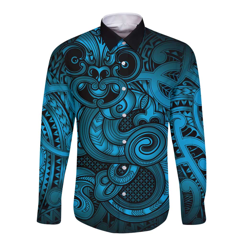 Aotearoa Maori Hei Tiki Long Sleeve Button Shirt Kikorangi Kowhaiwhai Puhoro Motif