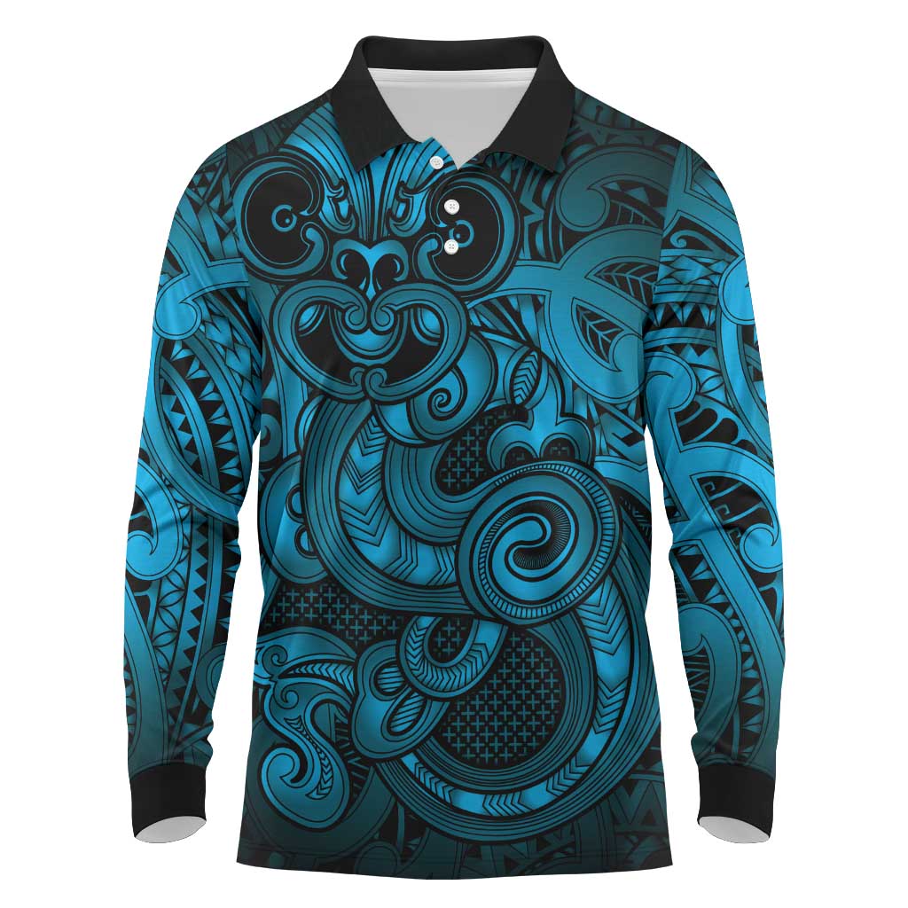 Aotearoa Maori Hei Tiki Long Sleeve Polo Shirt Kikorangi Kowhaiwhai Puhoro Motif